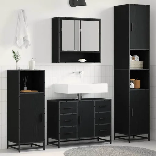 Conjunto de Móveis para Banheiro com Porta   Carvalho Preto (3 pcs)