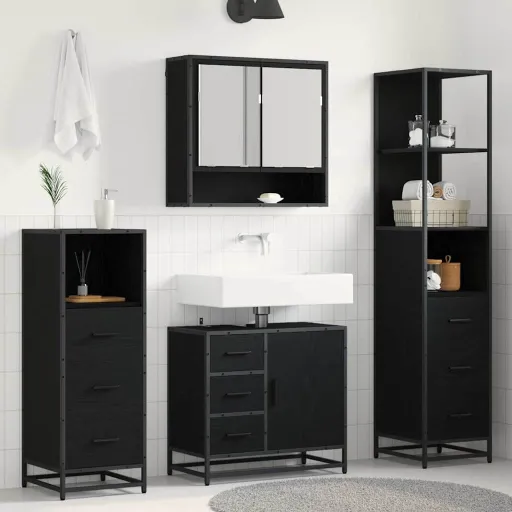 Conjunto de Móveis para Banheiro com Porta   Carvalho Preto (4 pcs)