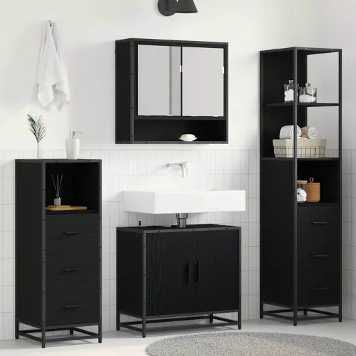 Conjunto de Móveis para Banheiro com Porta   Carvalho Preto (4 pcs)
