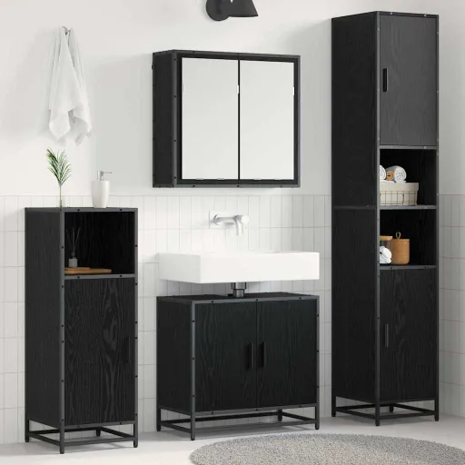 Conjunto de Móveis para Banheiro com Porta   Carvalho Preto (4 pcs)