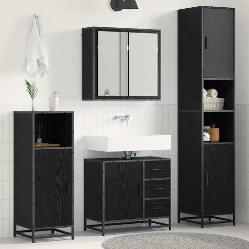 Conjunto de Móveis para Banheiro com Porta   Carvalho Preto (3 pcs)