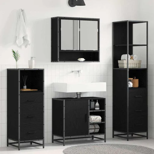 Conjunto de Móveis para Banheiro com Porta   Carvalho Preto (4 pcs)