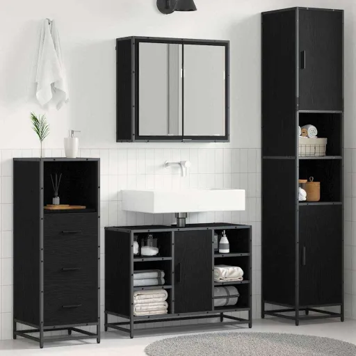 Conjunto de Móveis para Banheiro com Porta   Carvalho Preto (3 pcs)