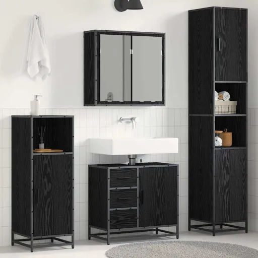 Conjunto de Móveis para Banheiro com Porta   Carvalho Preto (4 pcs)
