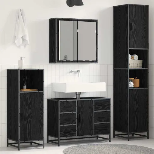 Conjunto de Móveis para Banheiro com Porta   Carvalho Preto (3 pcs)