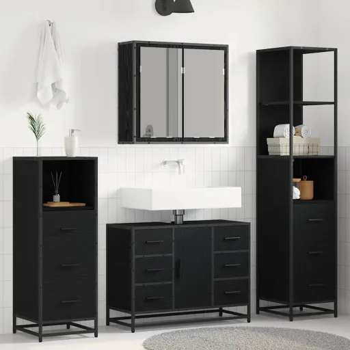 Conjunto de Móveis para Banheiro com Porta   Carvalho Preto (4 pcs)