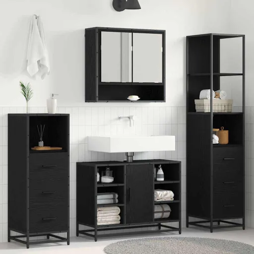 Conjunto de Móveis para Banheiro com Porta   Carvalho Preto (3 pcs)
