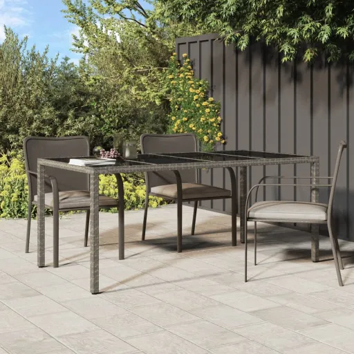 Mesa de Jardim 190x90x75 cm Vidro Temperado e Vime PE Cinzento