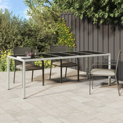 Mesa de Jardim 250x100x75 cm Vime PE/Vidro Temperado Branco