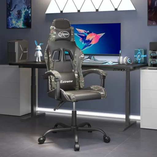 Cadeira Gaming Giratória Couro Artificial Preto e Camuflado
