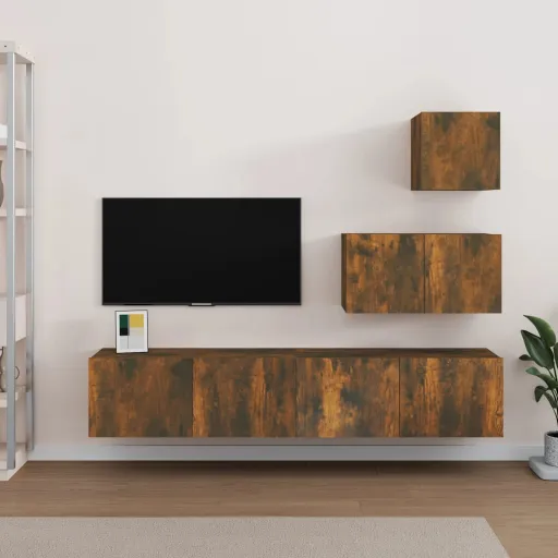 Conjunto Móveis de TV   Madeira Processada Carvalho Fumado (4 pcs)