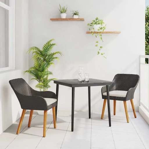 Conjunto de Jantar para Jardim com Almofada   Preto Vime PE (3 pcs)