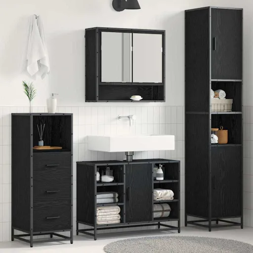 Conjunto de Móveis para Banheiro com Porta   Carvalho Preto (3 pcs)
