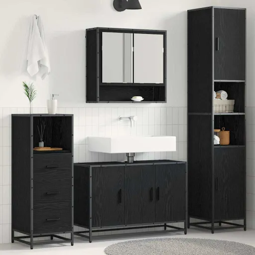 Conjunto de Móveis para Banheiro com Porta   Carvalho Preto (3 pcs)