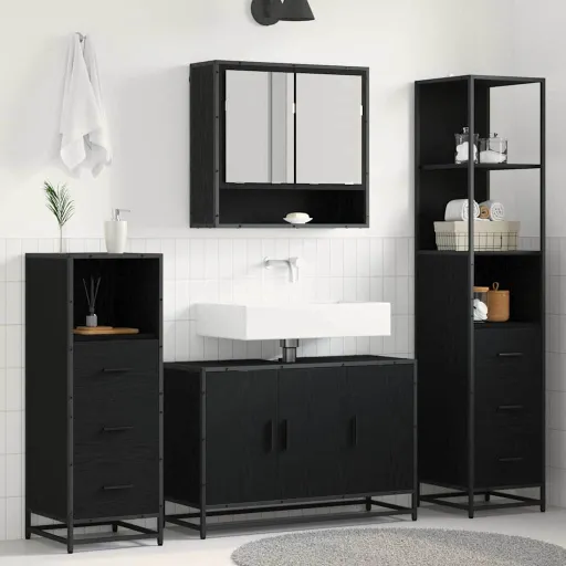 Conjunto de Móveis para Banheiro com Porta   Carvalho Preto (3 pcs)