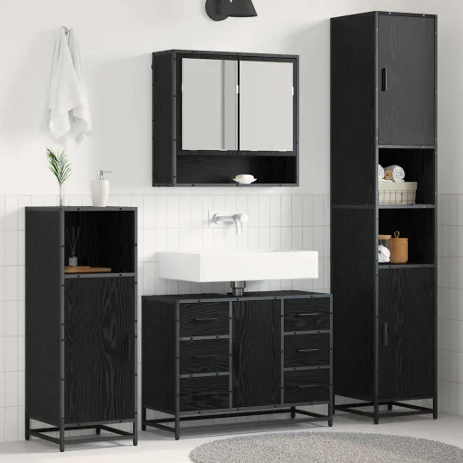 Conjunto de Móveis para Banheiro com Porta   Carvalho Preto (4 pcs)
