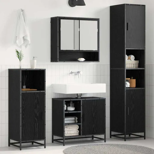 Conjunto de Móveis para Banheiro com Porta   Carvalho Preto (3 pcs)