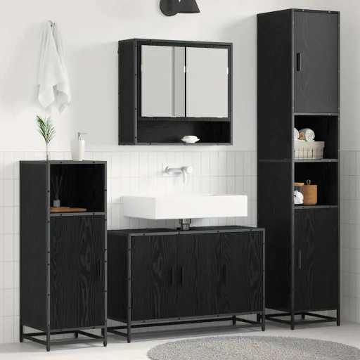 Conjunto de Móveis para Banheiro com Porta   Carvalho Preto (4 pcs)