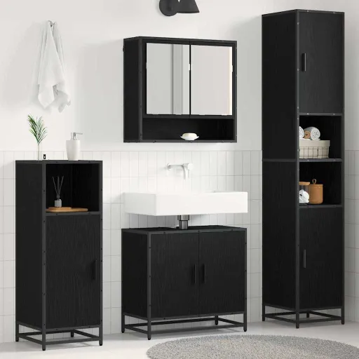 Conjunto de Móveis para Banheiro com Porta   Carvalho Preto (4 pcs)