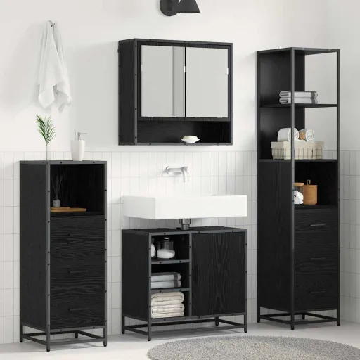 Conjunto de Móveis para Banheiro com Porta   Carvalho Preto (3 pcs)