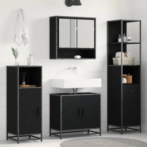 Conjunto de Móveis para Banheiro com Porta   Carvalho Preto (3 pcs)