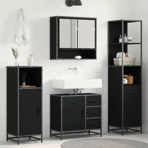 Conjunto de Móveis para Banheiro com Porta   Carvalho Preto (3 pcs)
