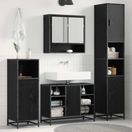 Conjunto de Móveis para Banheiro com Porta   Carvalho Preto (4 pcs)