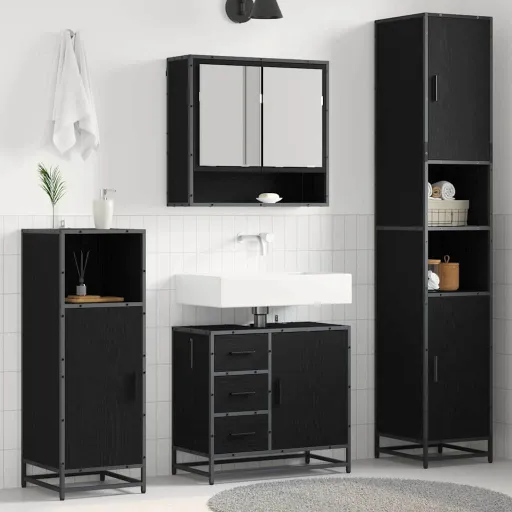 Conjunto de Móveis para Banheiro com Porta   Carvalho Preto (3 pcs)