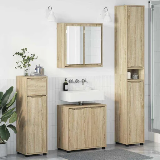 Conjunto de Móveis para Banheiro com Roda   Carvalho Sonoma (4 pcs)