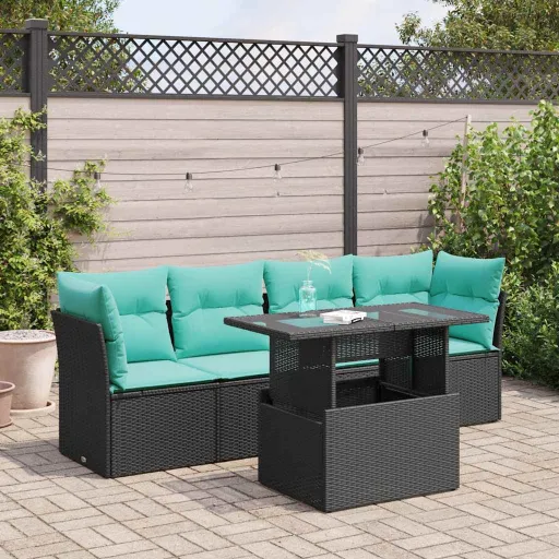 Conjunto Sofás de Jardim com Almofadões Acácia e Vime PE (5 pcs)