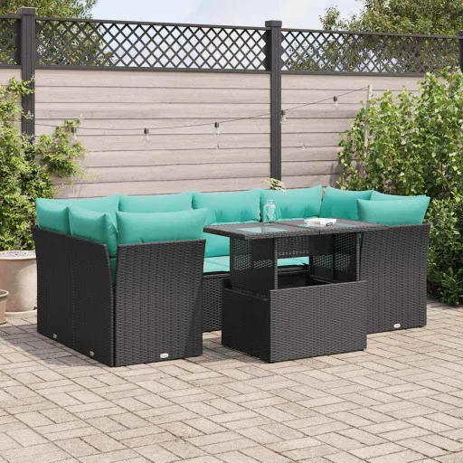 Conjunto Sofás Jardim c/ Almofadões Vime PE/Acácia Preto (7 pcs)