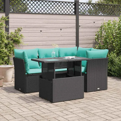 Conjunto Sofás de Jardim com Almofadões Acácia e Vime PE (5 pcs)
