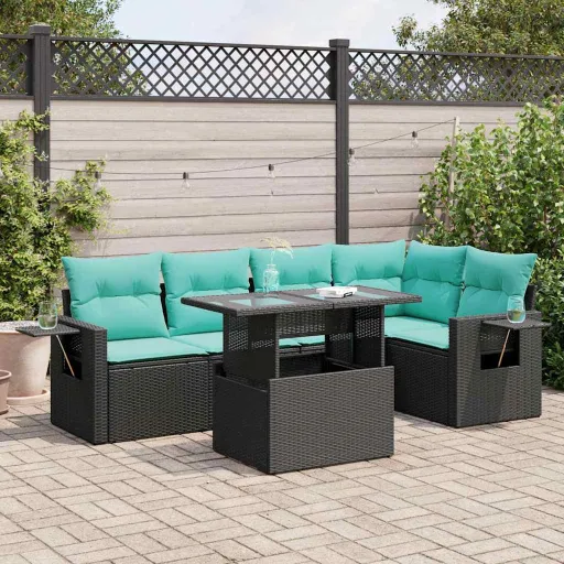 Conjunto Sofás Jardim c/ Almofadões Vime PE/Acácia Preto (6 pcs)