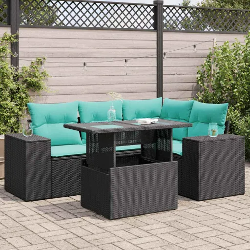 Conjunto Sofás Jardim c/ Almofadões Vime PE/Acácia Preto (5 pcs)