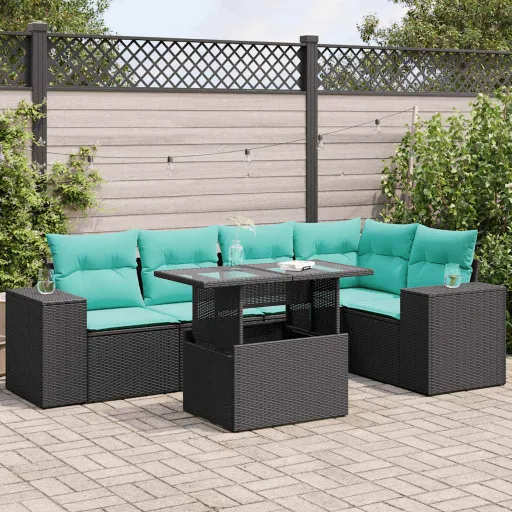 Conjunto Sofás de Jardim com Almofadões Acácia e Vime PE (6 pcs)