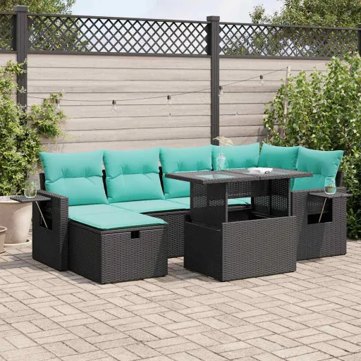 Conjunto Sofás Jardim Almofadões Vime PE/Acácia Cinzento (7 pcs)
