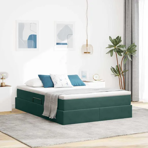Cama com Arrumação e Colchão Verde Escuro 140 x 190 cm Veludo