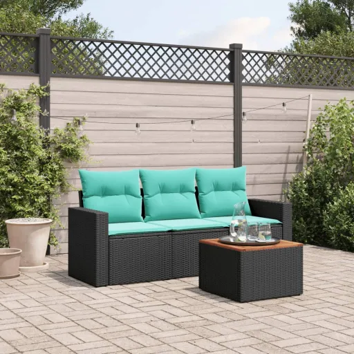 Conjunto de Sofás p/ Jardim c/ Almofadões Vime PE Preto (4 pcs)