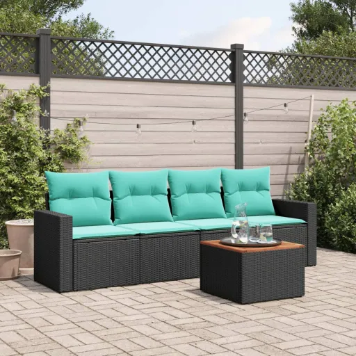 Conjunto de Sofás p/ Jardim c/ Almofadões Vime PE Preto (5 pcs)