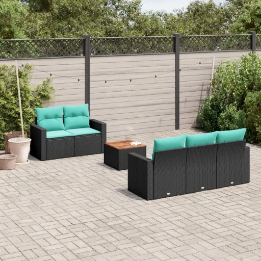 Conjunto de Sofás p/ Jardim c/ Almofadões Vime PE Preto (6 pcs)