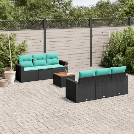 Conjunto de Sofás p/ Jardim c/ Almofadões Vime PE Preto (7 pcs)