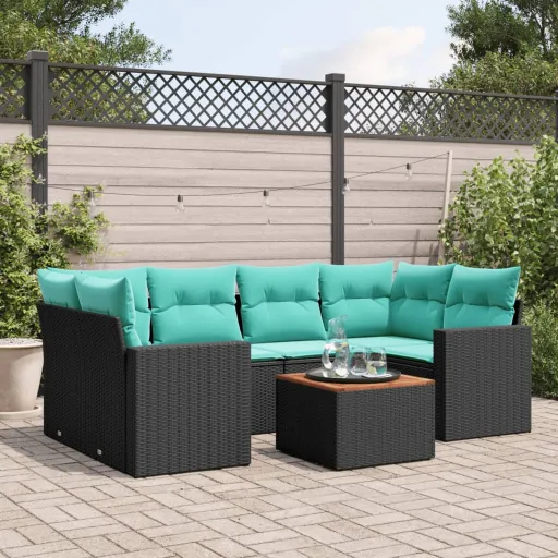 Conjunto de Sofás p/ Jardim c/ Almofadões Vime PE Preto (7 pcs)