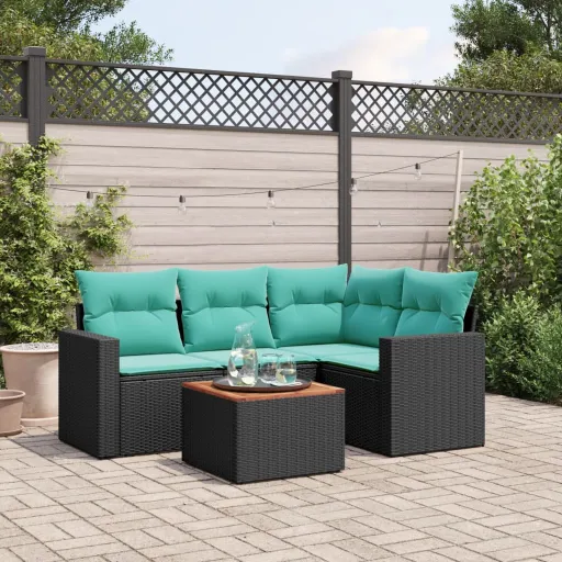 Conjunto de Sofás p/ Jardim c/ Almofadões Vime PE Preto (5 pcs)