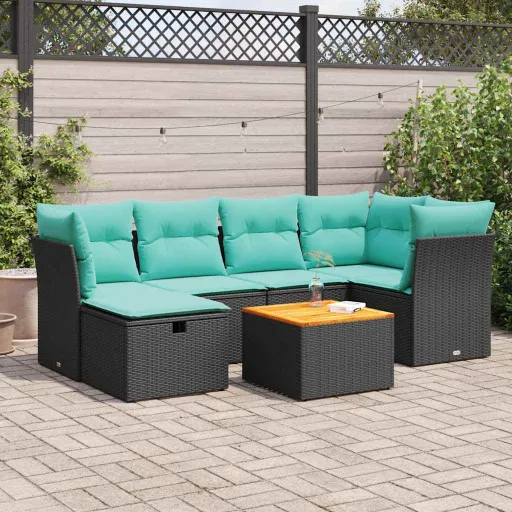 Conjunto de Sofás p/ Jardim c/ Almofadões Vime PE Preto (7 pcs)