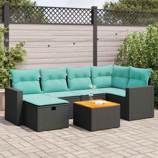 Conjunto de Sofás p/ Jardim c/ Almofadões Vime PE Preto (7 pcs)