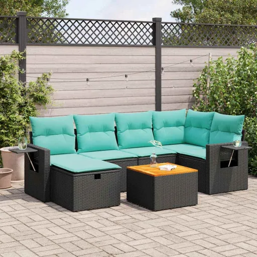 Conjunto de Sofás p/ Jardim c/ Almofadões Vime PE Preto (7 pcs)
