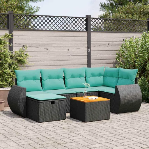 Conjunto de Sofás p/ Jardim c/ Almofadões Vime PE Preto (7 pcs)