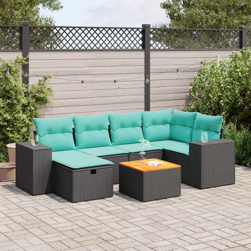 Conjunto de Sofás p/ Jardim c/ Almofadões Vime PE Preto (7 pcs)