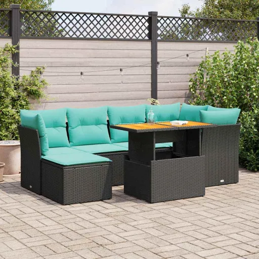 Conjunto de Sofás p/ Jardim c/ Almofadões Vime PE Preto (7 pcs)