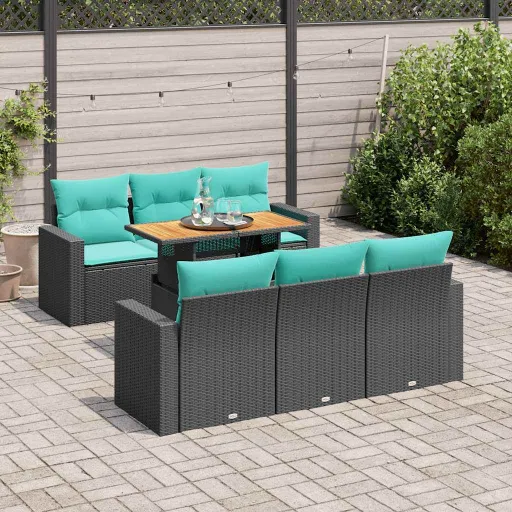 Conjunto de Sofás p/ Jardim c/ Almofadões Vime PE Preto (7 pcs)